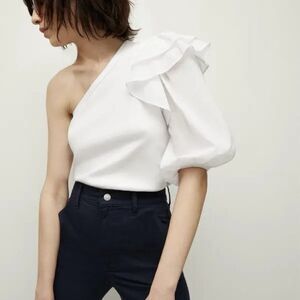 Veronica Beard Jeans Diantha White One Shoulder Top Puff Sleeve Ribbed NEW XS